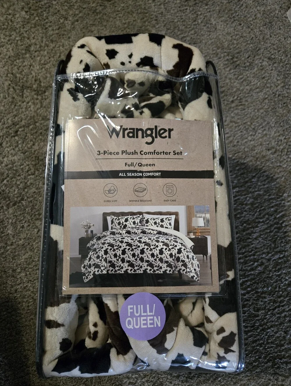 Plush Wrangler 3 Piece Comforter Set Brown & Cream Cow Print Western QUEEN